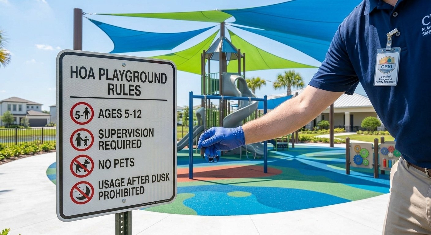 Certified Playground Safety Inspector reviewing HOA compliance and rules sign near 547 Eagle Dr, Daytona Beach, FL 32117.