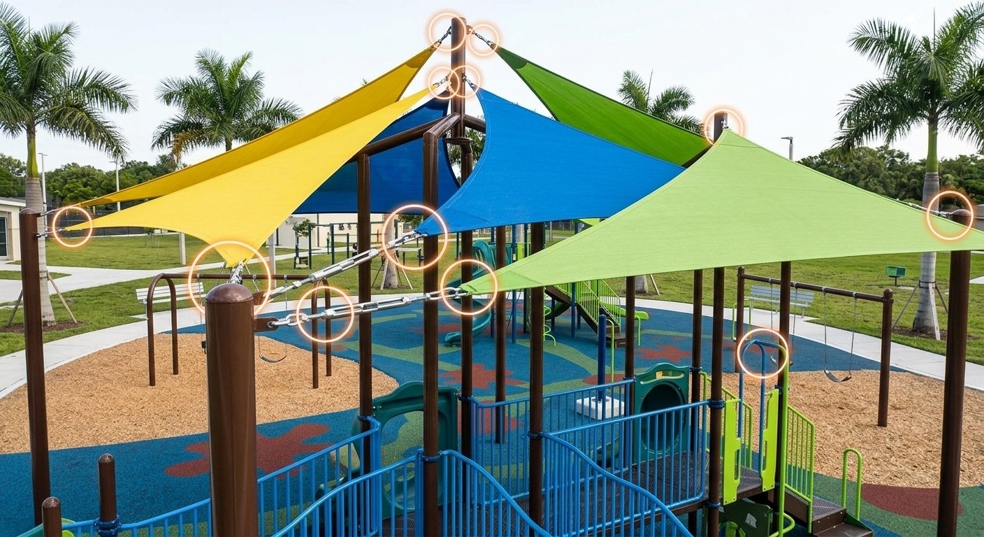 Playground shade sail system and hardware check at a community park in Daytona Beach, FL.