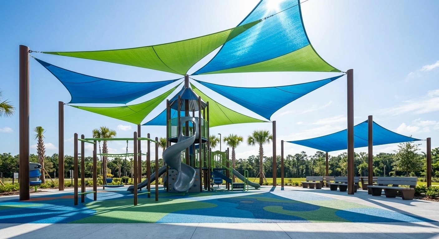 Commercial playground shade sails and play equipment setup at 547 Eagle Dr, Daytona Beach, FL 32117.
