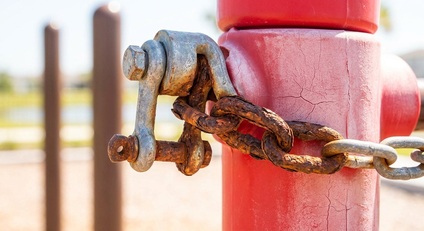 Rusted playground chain and connector showing coastal corrosion near 547 Eagle Dr, Daytona Beach, FL 32117.