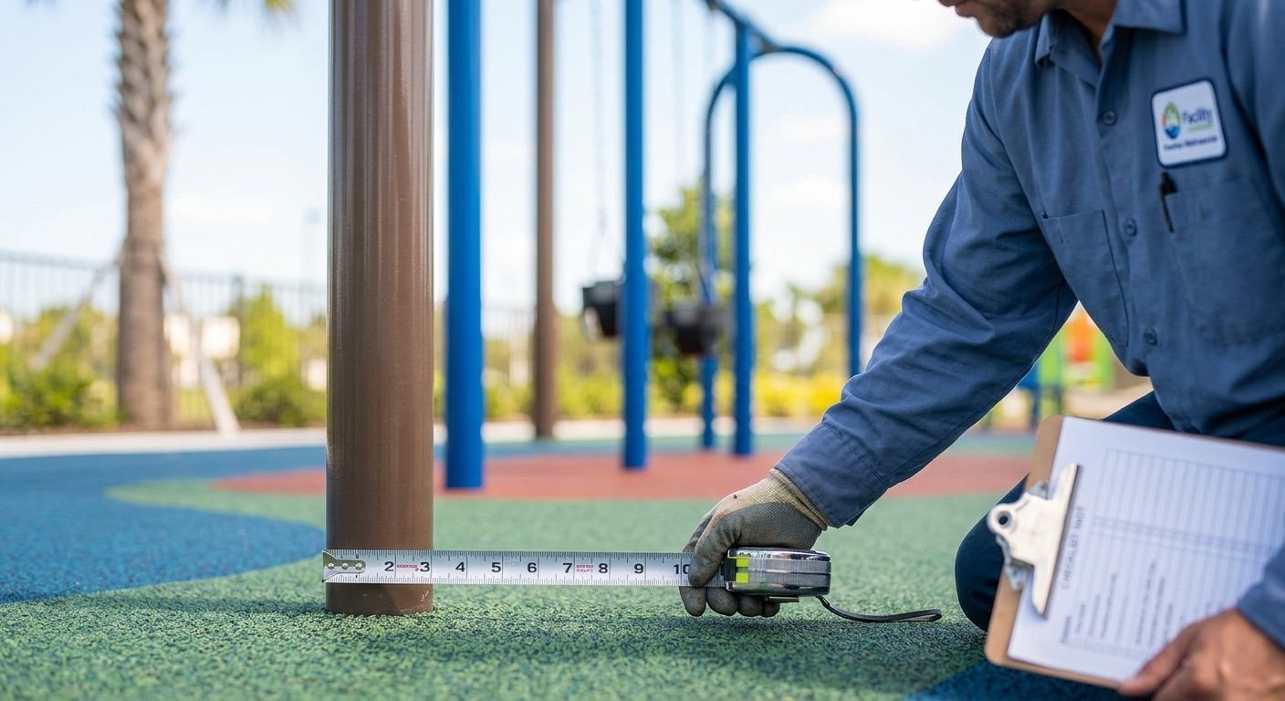 Certified playground safety inspector measuring post depth at a commercial park. We ensure your equipment meets all safety standards.