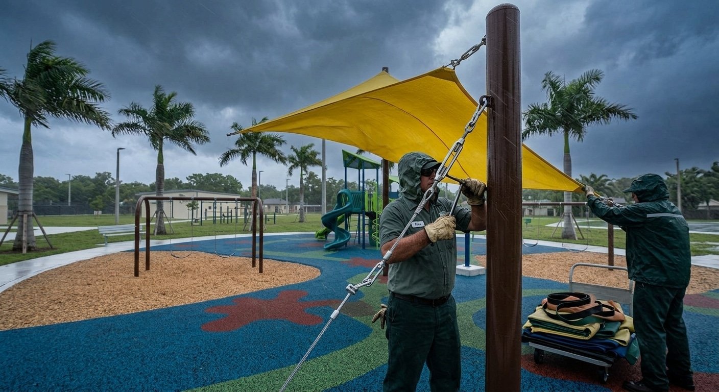 Maintenance crew taking down playground shade sails for hurricane storm prep in Daytona Beach, FL.