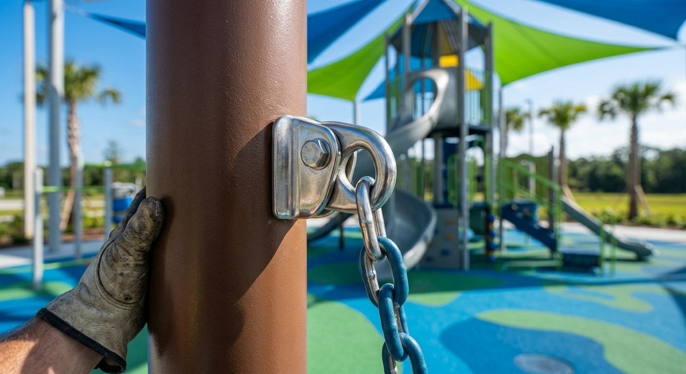 Technician inspecting swing chain hardware and connectors at 547 Eagle Dr, Daytona Beach, FL 32117.