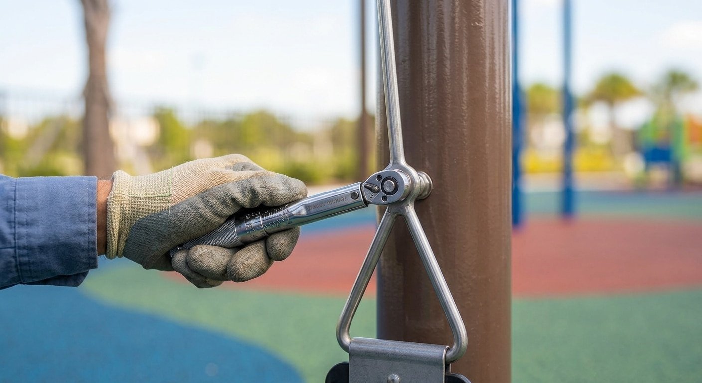 Playground maintenance technician tightening a bolt on swing equipment. Regular upkeep and repairs by PlayGrow keep your park safe.