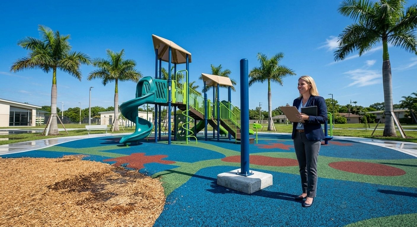 Certified Playground Safety Inspector (CPSI) conducting a safety audit in Daytona Beach, FL.