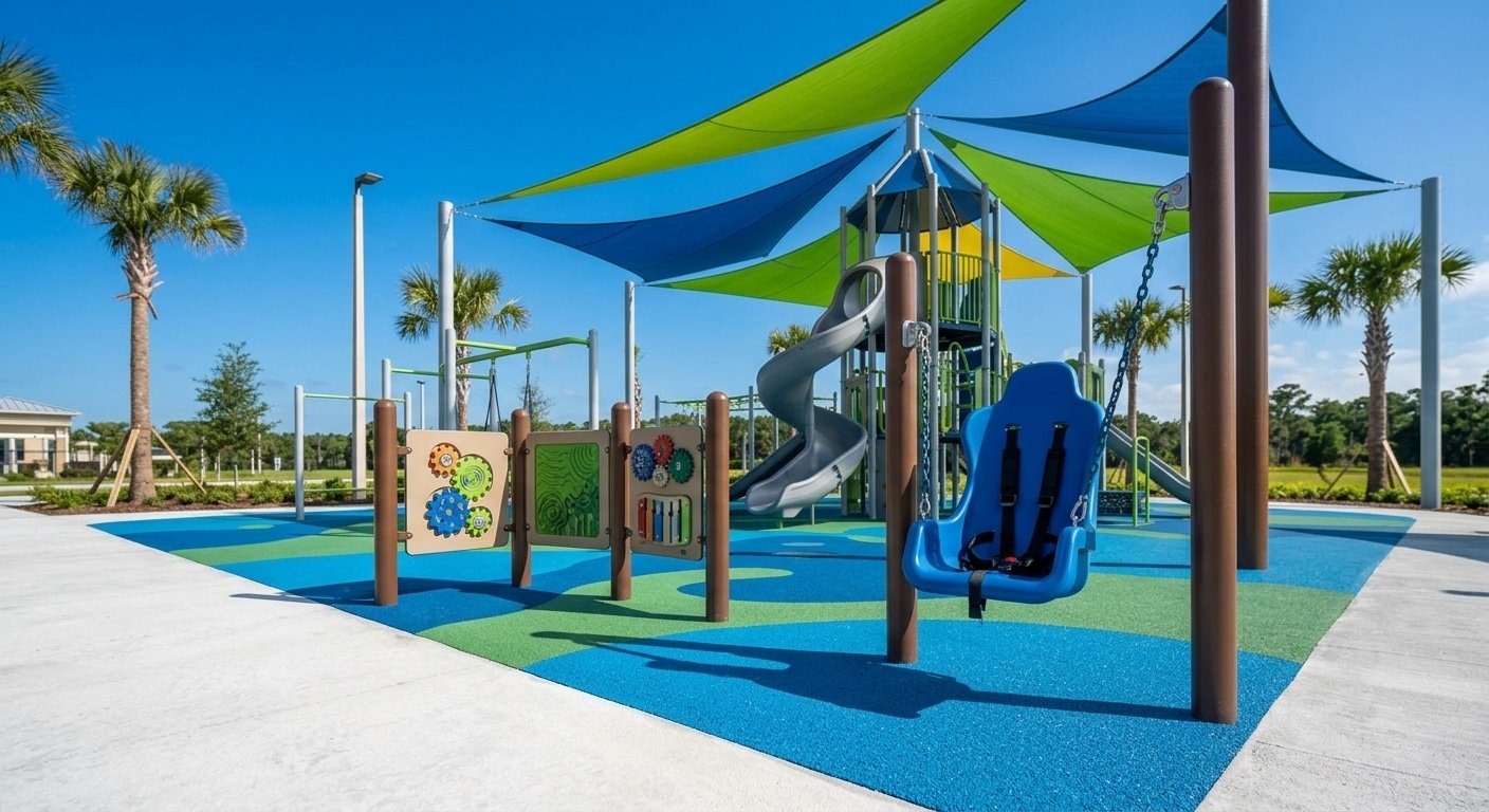 ADA accessible playground swing and sensory panels installed at 547 Eagle Dr, Daytona Beach, FL 32117.