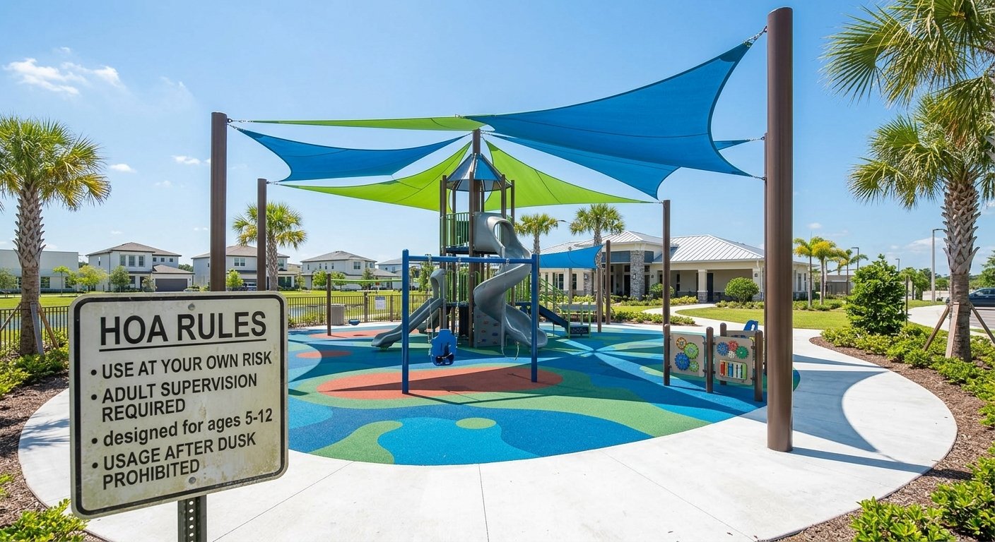 HOA community playground with shade sails and safety signage near 547 Eagle Dr, Daytona Beach, FL 32117.