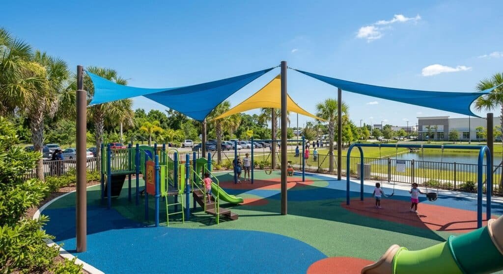 Professional commercial playground installation and maintenance services. Pictured is a vibrant community park with modern play equipment and shade sails.